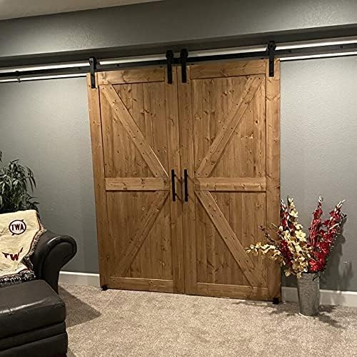 S&Z TOPHAND® 48in x 96in Unfinished British Brace Knotty Barn Door with Sliding Door Hardware Kit/Solid Wood/Sliding/Double Surfaces/A Simple Assembly is Required - size: 48x96in