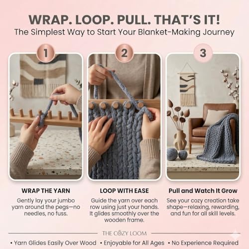 46" Adjustable Wooden Knitting Frame Kit for Chunky Blankets – Large DIY Yarn Weaving Tool for Thick Throws, No Needles, Beginner Friendly Craft for Home Decor & Relaxation