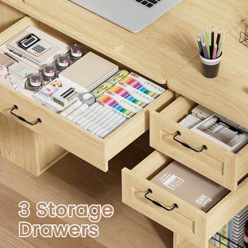 Drafting Table with Storage Cabinet & Drawers, Adjustable Drawing Table with Open Shelves, Craft Art Desk for Artists, Painters, Drawing, Crafting, Reading, Writing, Working - color: Natural Oak