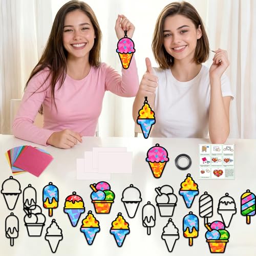 Qyeahkj 36 Set Ice Cream Suncatchers Crafts for DIY Dessert Window Tissue Paper Crafts Kit Summer Sweet Suncatcher Hanging Decor for Summer Home Activity Art Project Birthday Party Favor Gift - style: Ice Cream