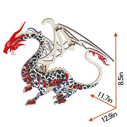 3D Wooden Puzzles Laser Engraving DIY Safe Assembly Constructor Kit Toy for Teens and Adults World Animal Mechanical 3-D Models for Self-Assembly (Flying Dragon)