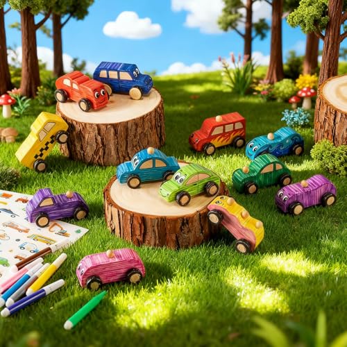 Leyndo 12 Pcs Unfinished Wood Cars to Paint Wooden Painting Crafts, DIY Car Toys with 12 Watercolor Pens & 12 Car Sticker Sheets for Kids Students Home Classroom Woodworking Family Art Activities