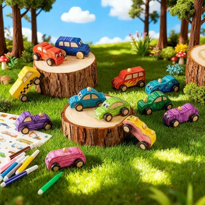 Leyndo 12 Pcs Unfinished Wood Cars to Paint Wooden Painting Crafts, DIY Car Toys with 12 Watercolor Pens & 12 Car Sticker Sheets for Kids Students Home Classroom Woodworking Family Art Activities