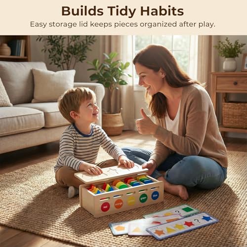 LovesTown 3-in-1 Wooden Shape Color Sorter Box with Logic Cards