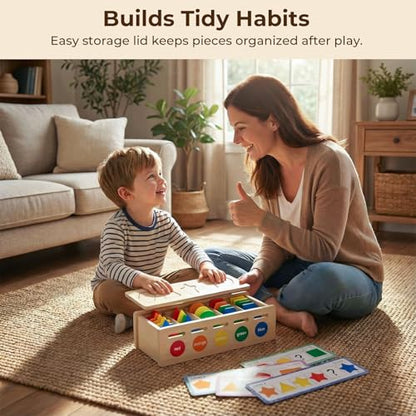 LovesTown 3-in-1 Wooden Shape Color Sorter Box with Logic Cards