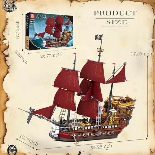 Reobrix Pirate Ship Building Set for Adults 66010, 2776PCS Large Red Sail Pirate Ship Model Kit, 34.6 in Collectible Sailing Ship Building Blocks, Display Gift for Teens Adults 14+