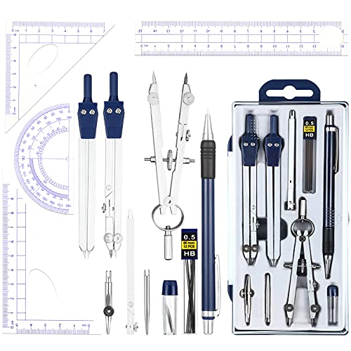 Outus 13 Pcs Geometry Set for Students Metal Compass Math Protractor - color: Blue