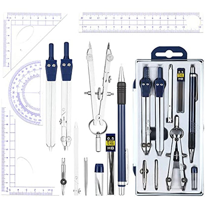 Outus 13 Pcs Geometry Set for Students Metal Compass Math Protractor - color: Blue