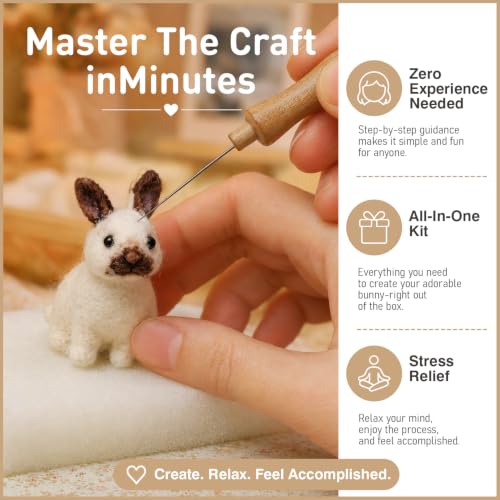FACE N FACE DIY Needle Felting Kit Realistic White Rabbit Tan Ears – Needle Felting Starter Kit with Fiber Roving, Needles, Felting Pad & Instructions | Felted Rabbit Animal Kit for Beginners Adults - color: Light Brown