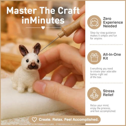 FACE N FACE DIY Needle Felting Kit Realistic White Rabbit Tan Ears – Needle Felting Starter Kit with Fiber Roving, Needles, Felting Pad & Instructions | Felted Rabbit Animal Kit for Beginners Adults - color: Light Brown