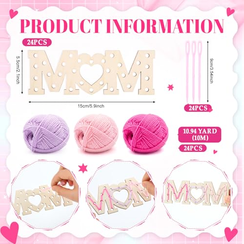 Kathfly 24 Sets Mother's Day Wooden Craft Kit, Wood Mom String Craft Ornaments with Yarn and Plastic Weaving Tools, DIY Lacing Art Hanging Decorations for Activities Handcraft Gifts - style: Mom