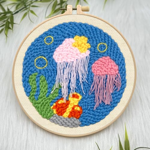 ERKOON Punch Needle Kit Adults Beginners, DIY Easy Ocean Embroidery Set for Starter Art Craft, Needling Punch Project with Patterns, Tools, Yarns, Hoop, Instruction (Jellyfish) - color: Jellyfish