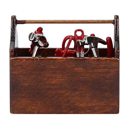Doll House Toolbox,Eecoo Miniature Tool Box Wooden Toolbox Model for 1/12 Doll House Accessories with 8PCS Metal Tools Set