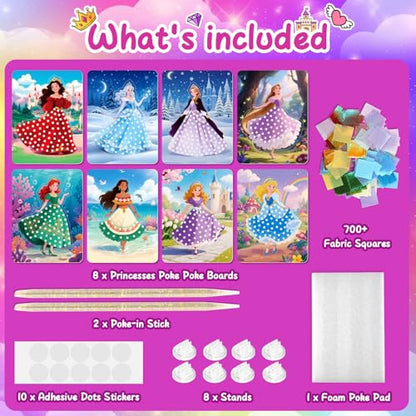 8PCS Poke Art Kits - Magical Princesses, Mess-Free Fabric Creative Art, DIY Arts and Crafts Toys for Kids Ages 3-12, Birthday Gifts & Party Favors for Girls & Boys 4, 5, 6, 7, 8, 9 Years Old