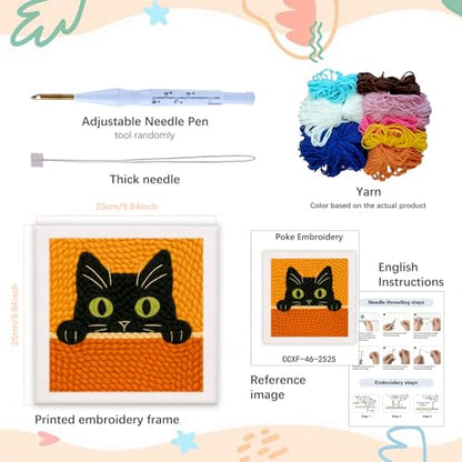 SDOYUNO Punch Needle Kit with Frame for Adults Beginners Kits 9.84 x 9.84 Inch Embroidery Starter Kits Punch Needle Kit with Black Cat Pattern, Threader, Yarns, Rug Punch, DIY Craft Kits (Black) - color: black