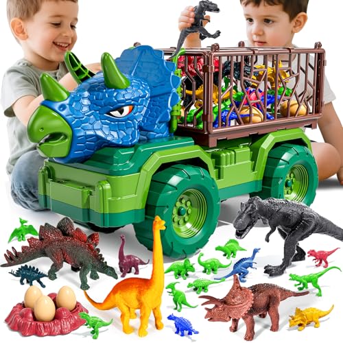 22 in 1 Triceratops Dinosaur Truck Toys for Kids Boys Ages 3-5-7 4-8, Dino Carrier Truck with 18 Jurassic Dino Figures, 3 Dinosaur Eggs, 3 4 5 6 7 8 Year Old Toddler Boy Girl Birthday Gifts