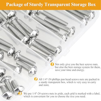 57 Pieces 1/4-20 x 1/2", 3/4", 1", 1-1/4", 1-1/2", Phillips Pan Head Machine Screws Nuts Assortment Kit - size: 1/4"-20, style: Phillips Pan Head