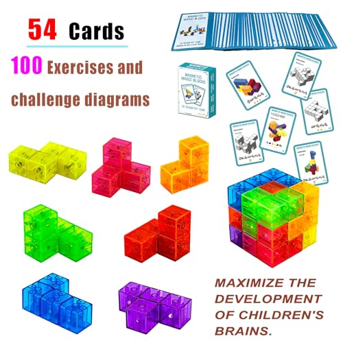 Magnetic Building Blocks Magic Magnetic 3D Puzzle Cubes, Set of 7 Multi Shapes Magnetics Blocks with 54 Guide Cards, Children's Educational Toys and Stress Relief Fidget Toys for Kids Adults - style: style1