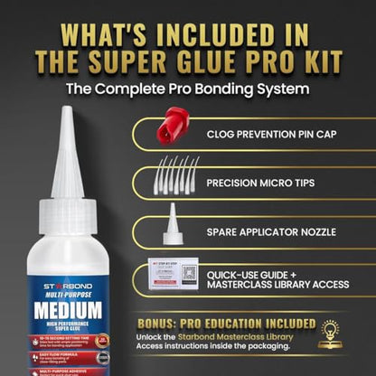 Starbond Medium Super Glue Pro Kit (2 oz) – Strong, Fast, All-Purpose CA Glue (Cyanoacrylate Adhesive) – with Anti-Clog Cap, Precision Tips & Extra Nozzles for Woodworking, Quick Fixes & Hobby Models - size: 2 ounce