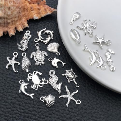 WOCRAFT 60pcs Bright Silver Ocean Bracelet Charms for Jewelry Making Sets DIY Necklace Bracelet Keychain Crafting Charms Kit Craft Supplies (SN885) - color: Bright Silver, size: Ocean Charms
