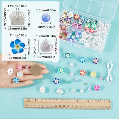 SUNNYCLUE 1 Box 174Pcs DIY 6 Sets Bracelet Making Kit Plumeria Flower Beads Polymer Clay Beads Summer Ocean Hawaiian Shell Bead Imitation Pearl Beads for Jewelry Making Kits Adult Women Gifts Supplies - style: Plumeria Flower 1