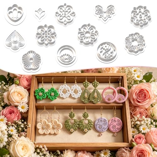 12 Pcs Everyday Essential Polymer Clay Cutters Set - Classic Floral, Geometric & Teardrop Imprint Cutters for Polymer Clay Jewelry Making, Fit Gift for Friends, Sisters & Wives - color: Geometric seal mold