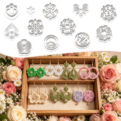 12 Pcs Everyday Essential Polymer Clay Cutters Set - Classic Floral, Geometric & Teardrop Imprint Cutters for Polymer Clay Jewelry Making, Fit Gift for Friends, Sisters & Wives - color: Geometric seal mold