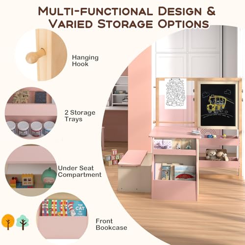 HONEY JOY Kids Art Easel, 6-in-1 Wooden Double-Sided Toddler Table & Chair Set w/Adjustable Magnetic White Board & Chalkboard, Paper Roll, Bookshelf, Storage, Toddler Easel for Kids (Pink) - style: Pink
