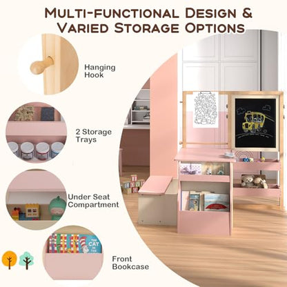 HONEY JOY Kids Art Easel, 6-in-1 Wooden Double-Sided Toddler Table & Chair Set w/Adjustable Magnetic White Board & Chalkboard, Paper Roll, Bookshelf, Storage, Toddler Easel for Kids (Pink) - style: Pink