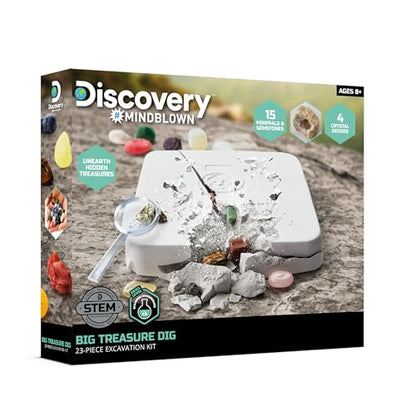 Discovery™ Big Treasure Dig STEM Kit – 23-Piece Excavation Set for Kids| Dig for 15 Gemstones, 4 Crystal Geodes & Pyrite Nuggets| Real Tools| Educational Geology Toy| Science Activity Gift| Ages 8+