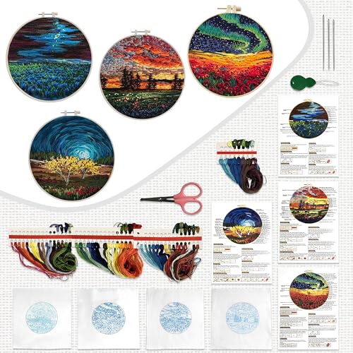Maydear 4 Pack Embroidery Starter Kit with Pattern, Stamped Cross Stitch Kits for Beginners Adults with Embroidery Hoop and Instructions, Hand Embroidery Kit (Embroidery kit flower2)