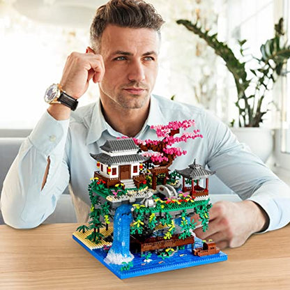 NEWABWN Cherry Blossom Tree Building Set with Lighting, Architecture of Peach Blossom Micro Building Blocks, Japanese Architecture Zen Garden Kit for 14+ Kids Adults (3320 Pieces) - style: Peach Blossom Pond