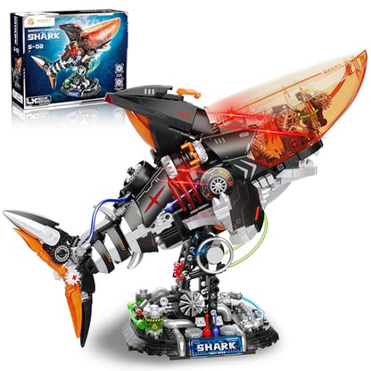 Punk Style Shark Building Set with Light, 1076-PCS Articulated Mechanical Jaws Fish Model with Display Stand, Ocean Predator Kit for Kids 8+ and Adults, Birthday for Marine & Mech Fans - color: Black