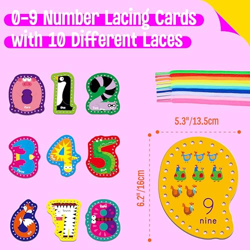 SpriteGru 10 Pieces Number Lacing Cards, 0-9 Double Sided Sewing Cards with 10 Colorful Laces, Imagination Development Lacing Toys Games for Children Educational and Learning Activity - color: Number