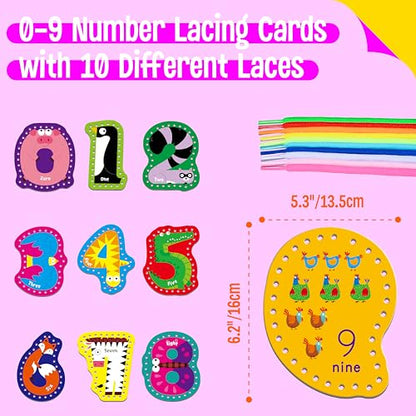 SpriteGru 10 Pieces Number Lacing Cards, 0-9 Double Sided Sewing Cards with 10 Colorful Laces, Imagination Development Lacing Toys Games for Children Educational and Learning Activity - color: Number
