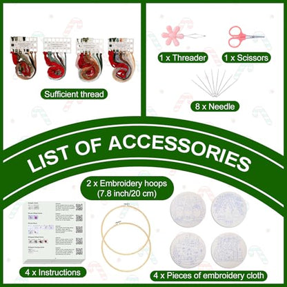 Santune Christmas Embroidery kit,Fall Needlepoint Cross Stitch Kits for Beginners Adult,Needle Point Sets,4 Embroidery,2 Hoops,Christmas Ornaments - color: Christmas x4