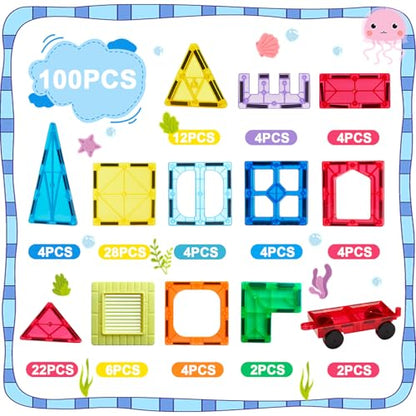 Anbalulu Magnetic Tiles 100PCS with 2 Cars, STEM Educational Building Blocks for Kids Ages 3-9, Magnet Construction Toys Gift for Toddlers (Pack of 8) - size: 100PCS (Pack of 8)