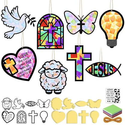 DoubleFill 48 Pcs Religious Suncatchers Craft Kit DIY Christian Vbs Craft Kit Bible Verse Stained Glass Effect Tissue Paper Kits Bulk for Spring Christian Window Decor Home Ornament Party Art Activity - style: Religious Cross