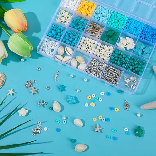 UPINS 2100Pcs Ocean Beads Bracelet Making Kit,Summer Beach Beads for Jewelry Making Sea Shell Blue White Turquoise Starfish Turtle Charms for Summer DIY Craft Gift - color: Blue White
