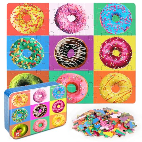 LELEMON Puzzles for Kids Ages 4-6, 60 Piece Puzzles for Kids in Metal Box - color: 9 Piece Donut