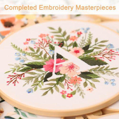 Harimau Letter A Pattern Embroidery Kit for Adult Beginners, Complete Starter Pack with 1 Hoop, Needles, Instruction Guide & Embroidery Stitch Video Tutorials - color: White A