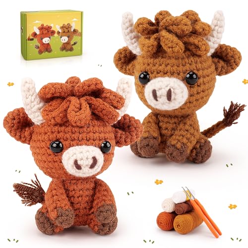 2PCS Highland Cow Crochet Kit for Beginners Crochet Starter Kit for Adults - color: Brown Highland cow