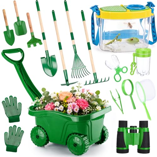 16 Pcs Kid Gardening Tool Bug Explorer Kit, Kid Wheelbarrow Set