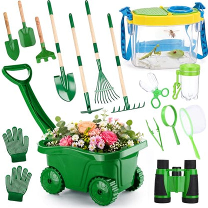16 Pcs Kid Gardening Tool Bug Explorer Kit, Kid Wheelbarrow Set