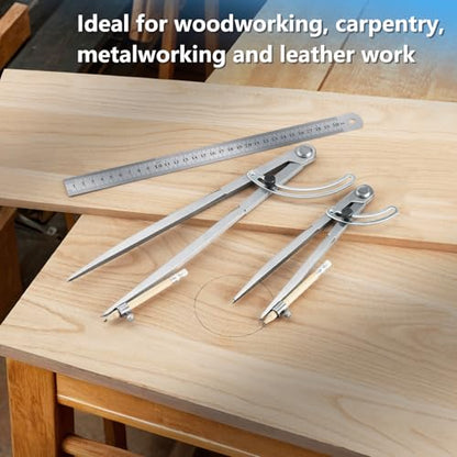 WORKLION Woodworking Compass Geometry Set - Large Locking Pencil Compass for Drawing Circles, Professional 8 Inch Woodworking Compass with 2 Pencils and a 12inch Ruler, Perfect for Precision Geometry. - size: 8 Inch
