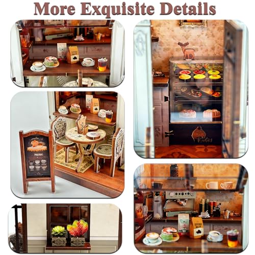 3D Wooden Coffee Shop Book Nook Kit - DIY Miniature Model with LED Lights, 143 Precision-Cut Pieces for Adults & Teens (1:24 Scale, Stress Relief Craft Gift) - color: Coffe Shop