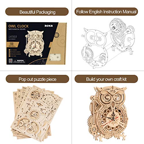 ROKR 3D Wooden Puzzle Owl Clock for Adults, Mechanical Gear Wooden Building Model Kit for Adults, DIY Craft Gift for Home Decor