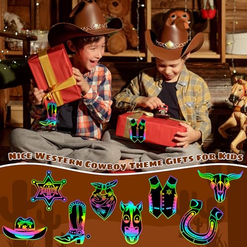 JULMELON 36Pcs Western Crafts for Kids, Cowboy Rainbow Scratch Art Cards - style: Western