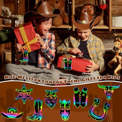 JULMELON 36Pcs Western Crafts for Kids, Cowboy Rainbow Scratch Art Cards - style: Western