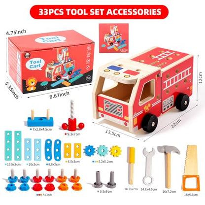 GAIETYDIY Toddler Kids Tool Set - Wooden Tools with Firetruck Shaped Box - color: Truck